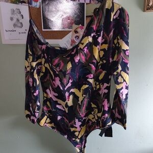 Guess Multicolor Abstract Print Long Sleeve Bodysuit - Black, Pink, Yellow, Navy
